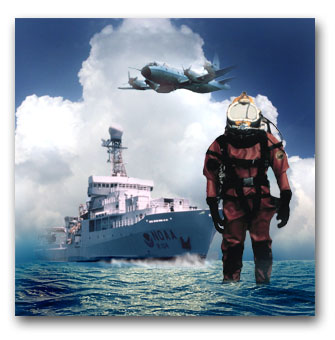 Graphic of a NOAA ship, aircraft and diver