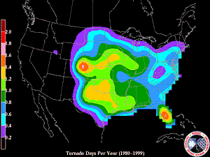 Annual chance of any tornado in the US