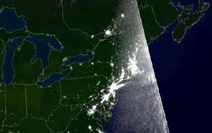 NOAA image of night lights before the blackout in the Northeastern USA taken Aug. 13, 2003, at 9:21 p.m. EDT. 