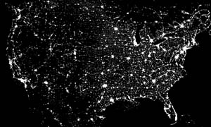 NOAA image of a cloud-free composite of USA night lights taken from Oct. 1, 1994, to March 31, 1995.