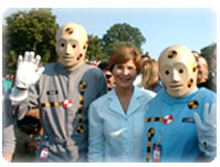 Vince and Larry, the famous crash test dummies used to promote safety belt use, met First Lady Laura Bush at the White House Fitness Expo June 20. 