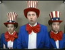 Three people dressed in Uncle Sam suits.