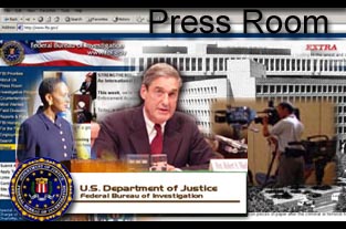 Graphic for the Press Room page. It is a collage of the Director, FBI Homepage, FBI Seal, and media.