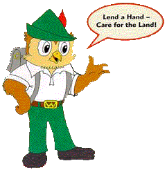 Graphic of Woodsy Owlsaying Lend a Hand - Care for the Land