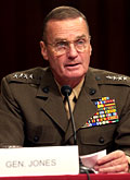 Marine Gen. James L. Jones, Jr., commander, U.S. European Command and Supreme Allied Commander, Europe, gives his opening remarks before the Senate Armed Services Committee on Sept 23, 2004. Jones was at the Hart Senate Office Building in Washington, D.C., to give testimony on the Global Posture Review of United States military forces. Defense Dept. photo by Air Force Master Sgt. James M. Bowman