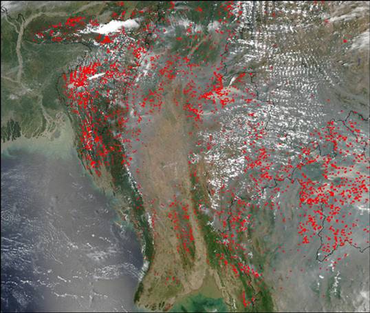 An Aqua-MODIS image of Southeast Asia.  This image shows the current active fire regions and smoke production.