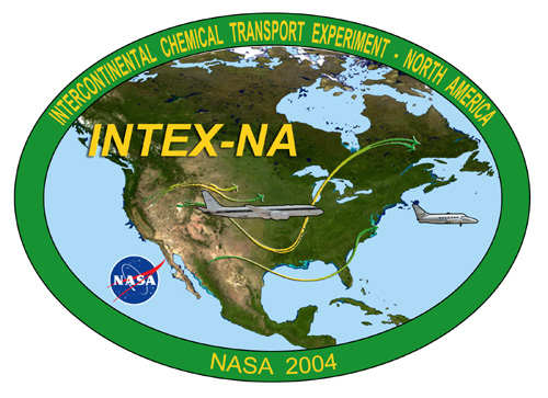 INTEX-NA Logo: A map of North America with three arrows running east to west surrounded by an elliptical green border. DC-8 and J-31 aircraft are over the central US and northern Atlantic respectively. NASA Logo is in the lower left over the Pacific Ocean.