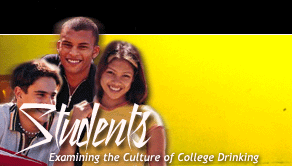 Students: Examining the Culture of College Drinking, 3 students on a background image of a door with p5 on it