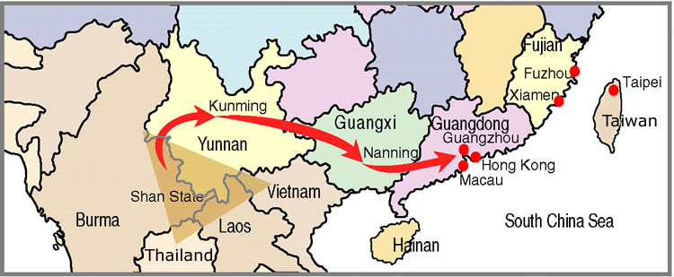 Map showing heroin that originates in Burma's Shan State is transported through Southern China to Guangdong Province.  The shaded area is the Golden Triangle.