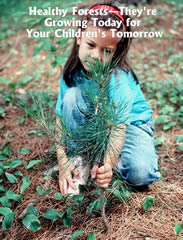 Healthy Forest Initiative poster of a little girl planting a young tree.  The title on the image reads, Healthy Forests - They're Growing Today for Your Children's Tomorrow