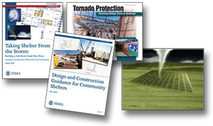 Collage graphic of publication covers and tornado animation graphics. 