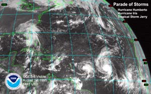 NOAA GOES-8 satellite image of parade of hurricanes and tropical storms taken at 10:45 a.m. EDT on Aug. 24, 1995. 