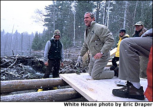  President George W. Bush takes a working tour of The Adirondack Park near Wilmington, NY, Monday, April 22. "We had a great time in the Park, and I want to thank you all very much for giving me the opportunity to hammer and stack, place gravel -- (laughter) -- in a beautiful part of the world. This is quite a sight for a fellow from Texas," said the President in his remarks about Earth Day at Whiteface Mountain Lodge. "We have a duty in our country to make sure our land is preserved, our air is clean, our water is pure, our parks are accessible and open and well- preserved."