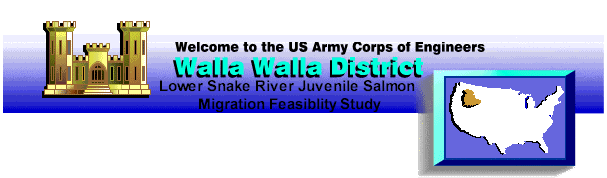 Welcome to the U.S. Army Corps of Engineers - Lower Snake River Juvenile Salmon Migration Feasibility Study emblem with stylized gold castle and map showing the US and Walla Walla District Boundaries