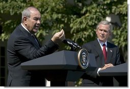 Iraqi interim Prime Minister Ayad Allawi discussed his country's counter-terrorism plan during a press conference in the Rose Garden Thursday, Sept. 23, 2004. "The Iraqi government now commands almost 100,000 trained and combat-ready Iraqis, including police, national guard and army. The government have accelerated the development of Iraqi special forces and established a counter-terrorist strike force to address the specific problems caused by the insurgency," said the Prime Minister. White House photo by Eric Draper.
