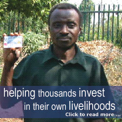 Click to Read More - Helping thousands invest in their own livelihoods. (Mr. Mkandawire holds up his smart card, which gives him access to his bank account.)