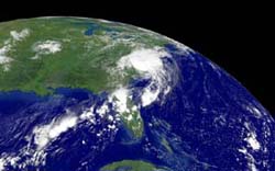 NOAA long distance satellite image of Hurricane Charley taken at 12:45 p.m. EDT on Aug 14, 2004, lashing North Carolina as it made landfall.