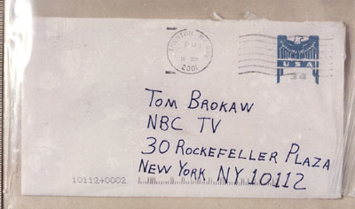 This is an envelope addressed to Tom Brokaw, NBC TV, 30 Rockefeller Plaza, New York, NY 10112