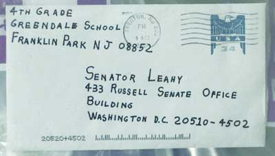 This is an envelope addressed to Senator Leahy, 433 Russell Senate Office Building, Washington D.C. 20510-4502 FROM: 4th Grade, Greendale School, Franklin Park, NJ 08852