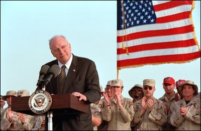 Discussing American initiatives in the war, Vice President Dick Cheney speaks to troops stationed at Al-Udeid Airbase in Qatar, March 17. "That is our first objective: To shut down terrorist camps wherever they are and to disrupt terrorist plans and to bring terrorists to justice,