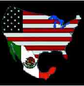 Photograph of map of U S and Mexico with national flags overlay
