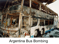 This is a rotating image of the Argentina Bus Bombing; and Team members sifting through bomb debris