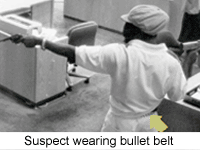This is a rotating image of a suspect wearing a bullet belt; a photograph of the bullet belt; a photograph of a slipper with a gun hidden in it; a photograph of a duffle bag with money and weapons