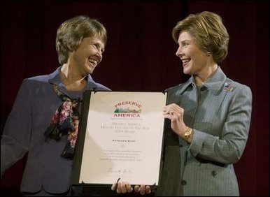 Laura Bush congratulates Kathleen Keen, the national Preserve America History Teacher of the Year, during an awards program at the New York Historical Society in New York, N.Y., Tuesday, Oct. 19, 2004. White House photo by Joyce Naltchayan.