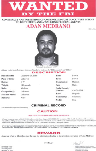 wanted poster for Adan Medrano