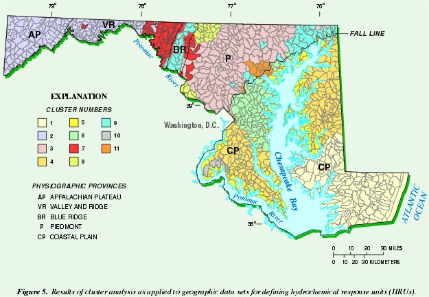 Figure 5. Results of cluster analysis as applied to geographic data sets for defining hydrochemical response units (HRUs). (Click to view larger image.)