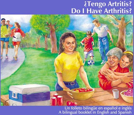 Tengo Artritis? Do I Have Arthritis? Illustration of a woman serving food at a picnic. In the background, joggers run along a path and a man plays soccer with a child.