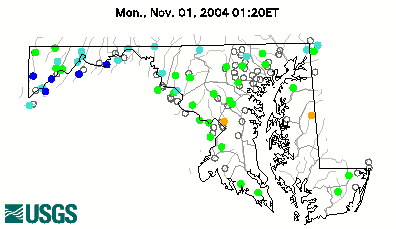 Stream gage levels in Maryland, relative to 30 year average.