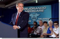 President George W. Bush addresses seniors on pending Medicare legislation at the Little Havana Activities and Nutrition Center in Miami, Fla., June 30, 2003. White House photo by Paul Morse.