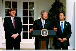 Announcing the national "Do Not Call Registry," President George W. Bush stands with Federal Trade Commission Chairman Timothy Muris, left, and Federal Communications Commission Chairman Michael Powell in the Rose Garden Friday, June 28, 2003. The registry protects privacy by blocking incoming telemarketing calls. White House photo by Susan Sterner White House photo by Susan Sterner
