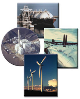 Energy Photos in clockwise order. LNG Tanker, Petroleum Pipeline, Wind Turbines, and Coal-fired Power Plant."  Need help, contact the National Energy Information Center at 202-586-8800.