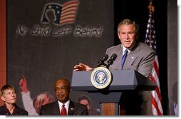 President George W. Bush highlights the tutoring and supplemental services provided in the No Child Left Behind Act in his remarks at Kirkpatrick Elementary School in Nashville, Tenn., Monday, Sept. 8, 2003. White House photo by Tina Hager.