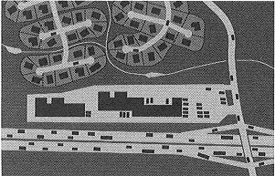 drawing showing an example of commercial buildings between a highway and a residential area.