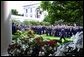 President George W. Bush approached the podium for the presentation ceremony of Commander-in-Chief's Trophy to the Air Force Academy football team in the Rose Garden Friday, May 17. "I'm proud of what this group of Americans have done on the football field. No more proud than those who wear the blue, I might add. And I'm proud of your commitment to our country," said the President in his address. White House photo by Paul Morse.