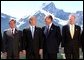 President George W. Bush and other leaders at the G8 Summit in Alberta, Canada, June 26. Pictured with the President from left are German Chancellor Gerhard Schroeder, French President Jacques Chirac and Canadian Prime Minister Jean Chretien. White House photo by Eric Draper.